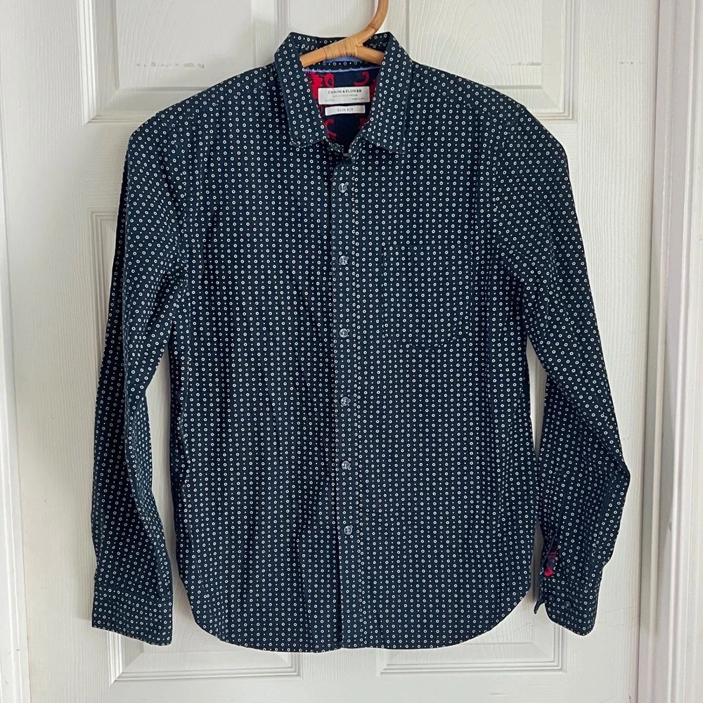 Denim & Flower Button Down Medium Mens Slim Fit Dotted Navy Blue Smart Casual - Picture 1 of 6